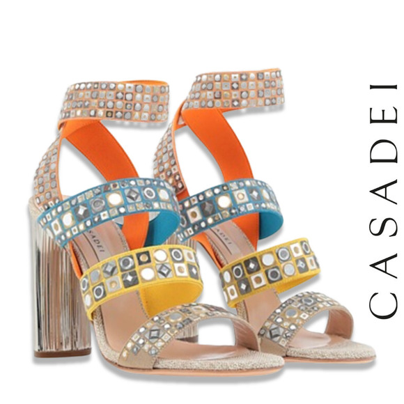 Casadei NWT Babilonia Made in Italy Silver & Multi-Color Chunky Heel Sandals 7 - Picture 1 of 16